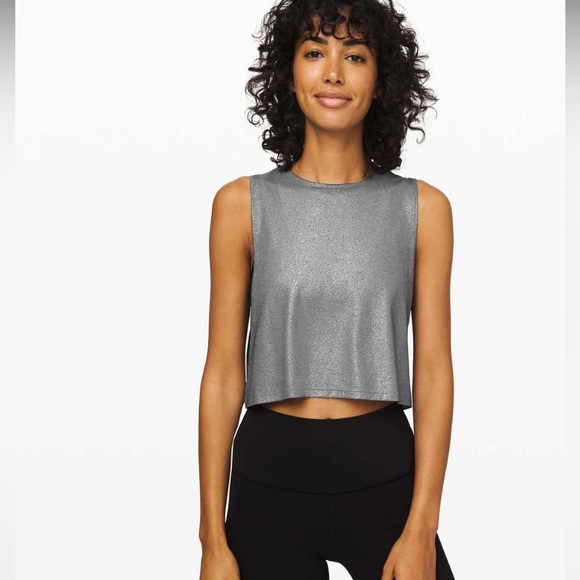 LULULEMON MUSCLE LOVE CROPPED TANK TOP - SIZE 6 - METALIC SILVER - Picture 1 of 5